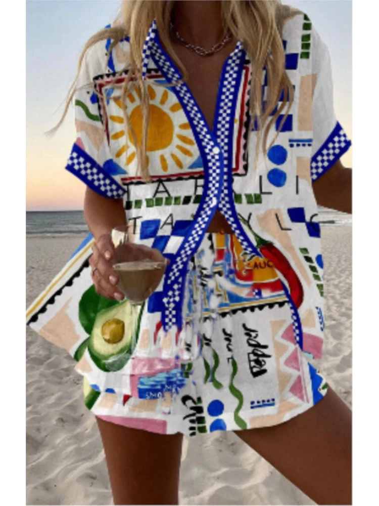 Fashion Casual Printed Two Piece Set Women Summer Comfort Holiday Color Colorful Button Short Sleeves Shirts And Shorts 2 Sets