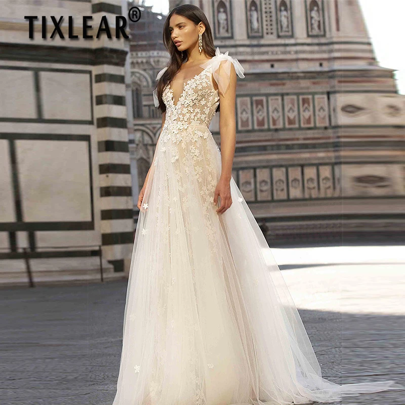 

TIXLEAR Sexy Princess Wedding Dress Boho Lace Applique Bridal Gown Elegant V-neck With Bow Tulle Vestidos De Novia Sweep Trian