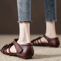 Véritable sandales femmes tissé à la main Style littéraire creux plat romain sandales dames chaussures d'été Sandalias 3