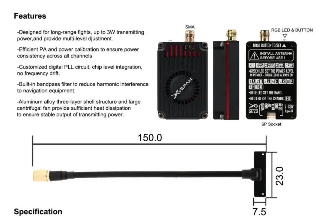 Détail du dissipateur thermique et des indicateurs LED sur le kit émetteur-récepteur FPV RUSHFPV 3W pour une dissipation optimale.