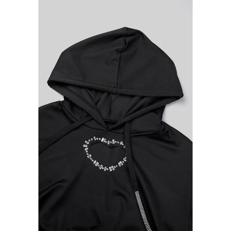 Women Heart Hollow Out Diamonds Slim Casual 2 Piece Set Spring Autumn Hooded Short Hoodies High Waist Pants Trends Streetwear