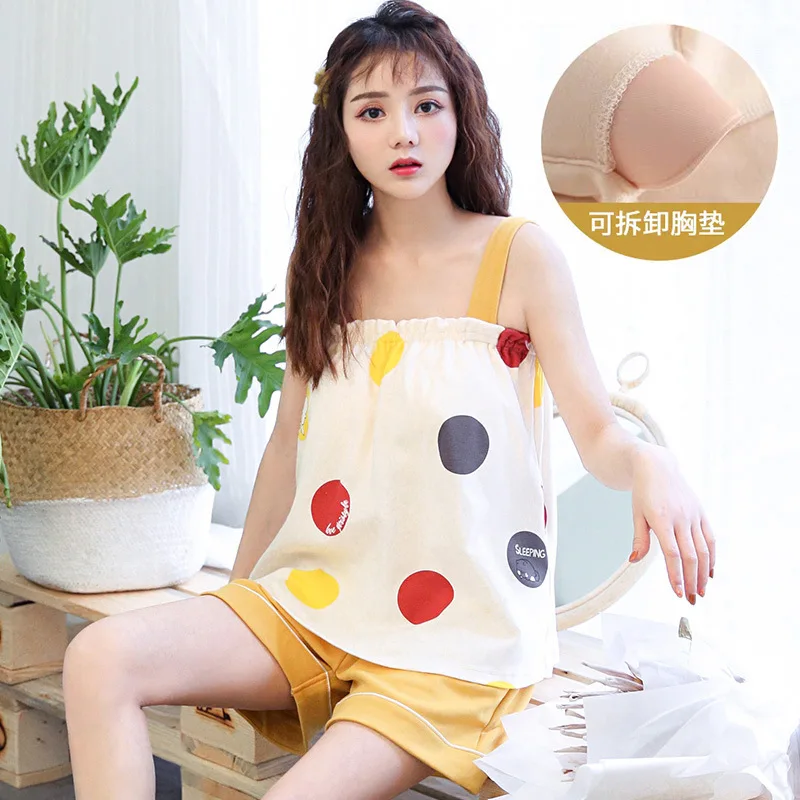 Combed Cotton Women Pajamas Sets Strawberry Pyjamas Loungewear Pijamas Sling Sleeveless Top with Chest Pad Shorts Suit Sleepwear