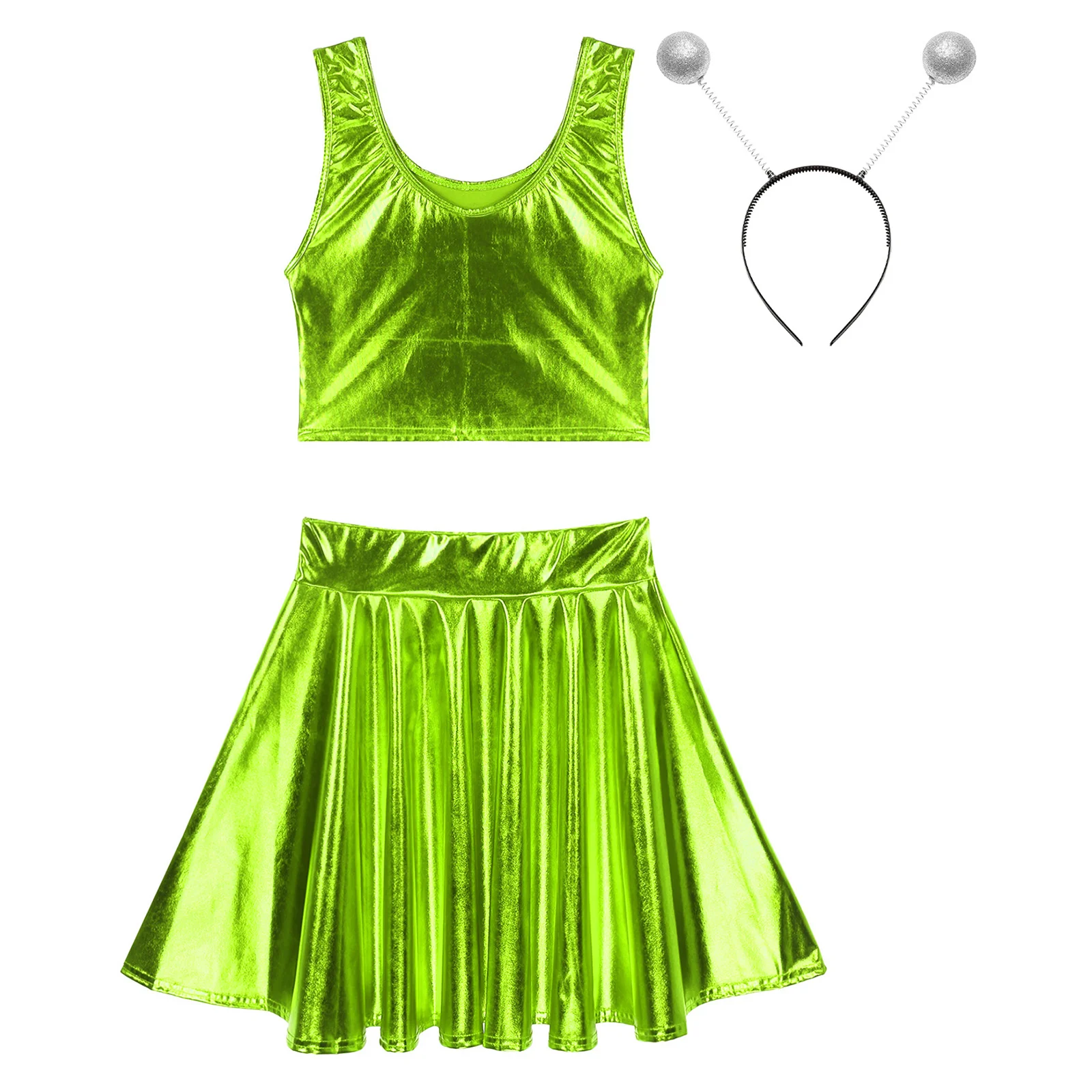 

Women Dancing Performance Stage Outfit Metallic Shiny Crop Top High Waist Ruffle Skirt with Hair Hoop Suit Modern Dance Clubwear