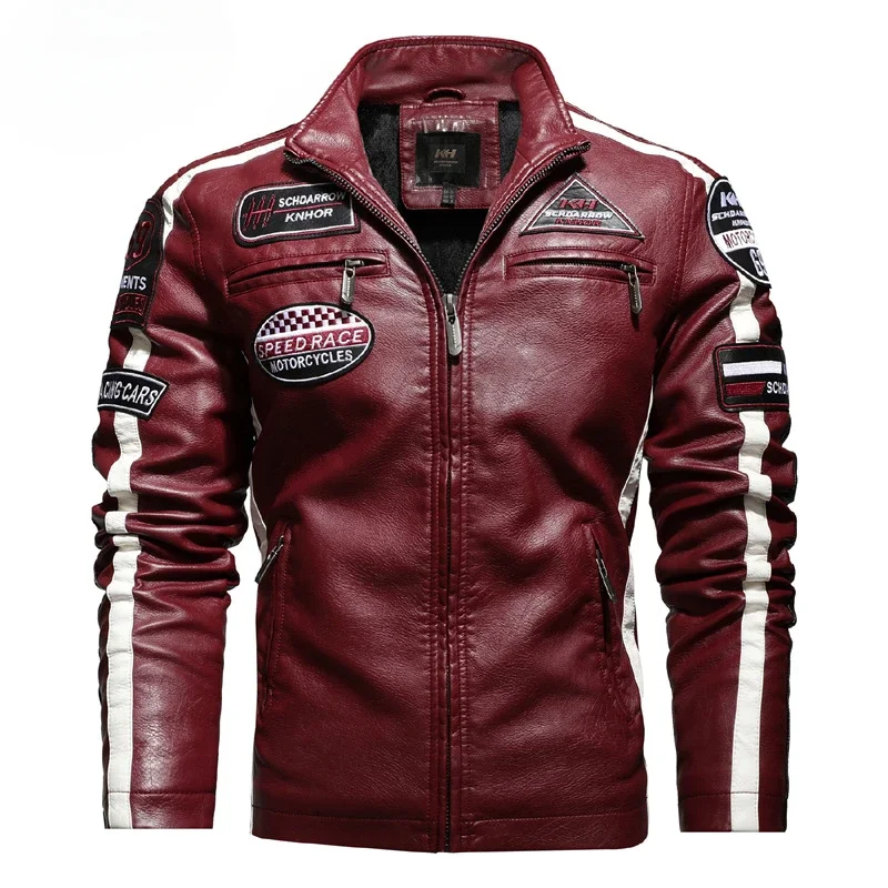 Men's Motorcycle Racing Suit Leather Plus Fleece Thin Color Jacket Winter Jacket