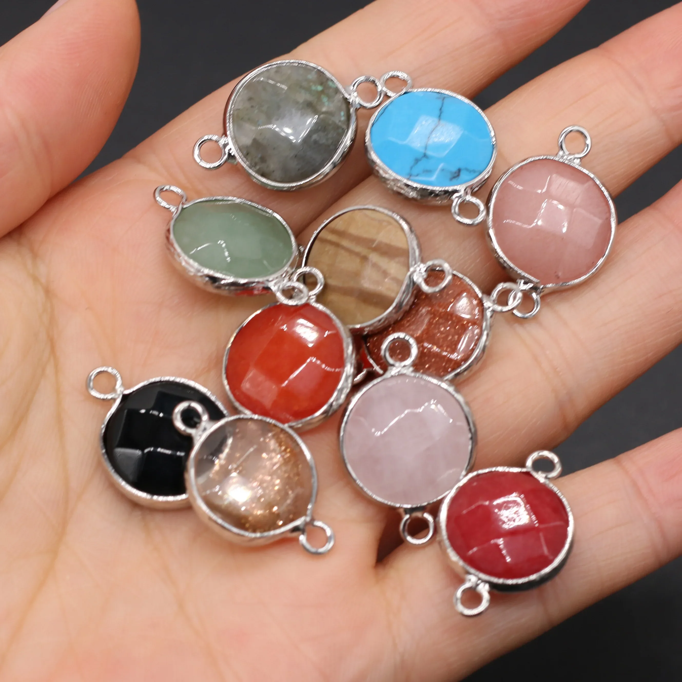 

Trendy Natural Gem Stone Faceted Pendant Round Rose Quartzs Agates Charms Connector for Jewelry Making DIY Necklace Bracelet 2PC
