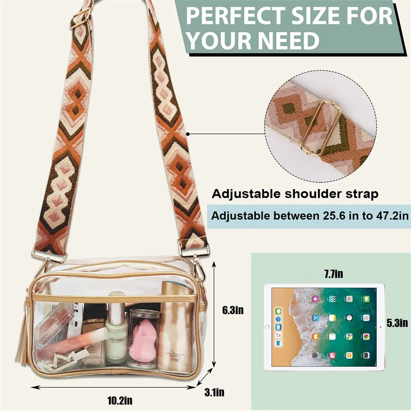 Transparent Crossbody Bags Clear PVC Sling Shoulder Bag Candy Color Woven Print Wide Strap Lady Phone Purse Travel Daily Wear