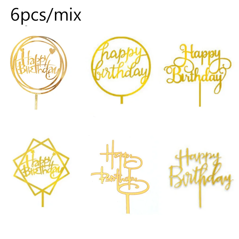 6pcs Happy Birthday Cake Topper Topper per torta di compleanno in acrilico oro rosa per Baby Shower forniture per feste di compleanno decorazioni per torte