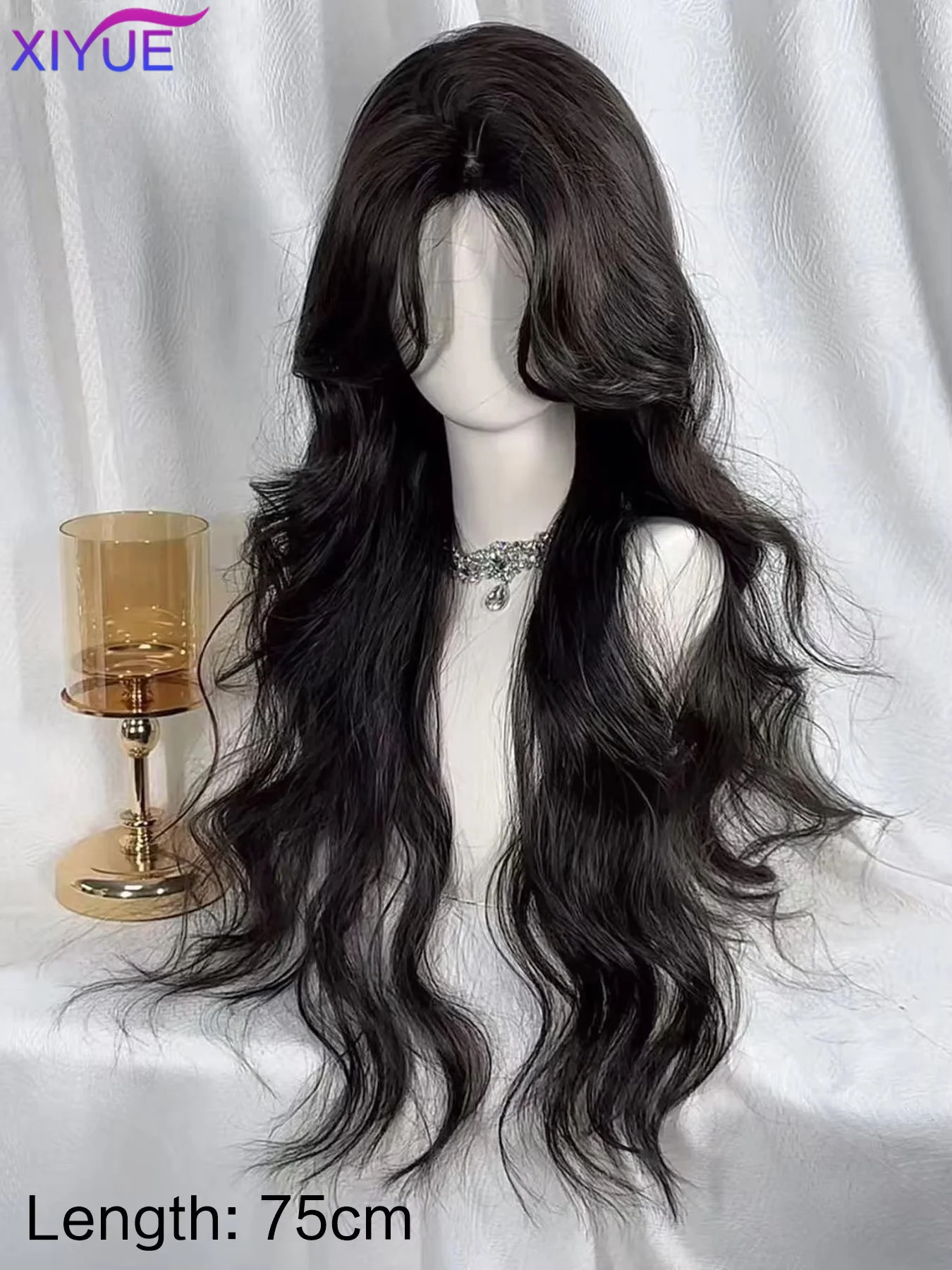 XIYUE 75cm Super Long Black Wavy Synthetic Wigs with Bangs for Women Afro Dark Water Wave Cosplay Natural Hair Wig Heat Resistan