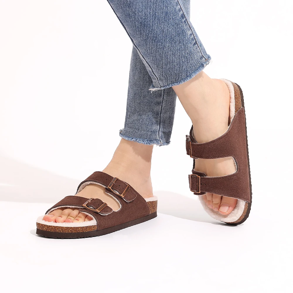 Women's Cork Clogs With Double Buckle And Warm Fleece Lining_voghion.com