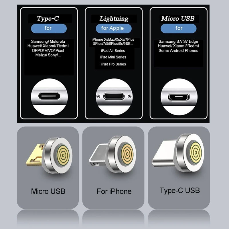 Magnetic Charging Cable Adapter Connector Tips Head for Type C Micro USB iPhone 3A Fast Charging 5Pcs Plugs Not Cable