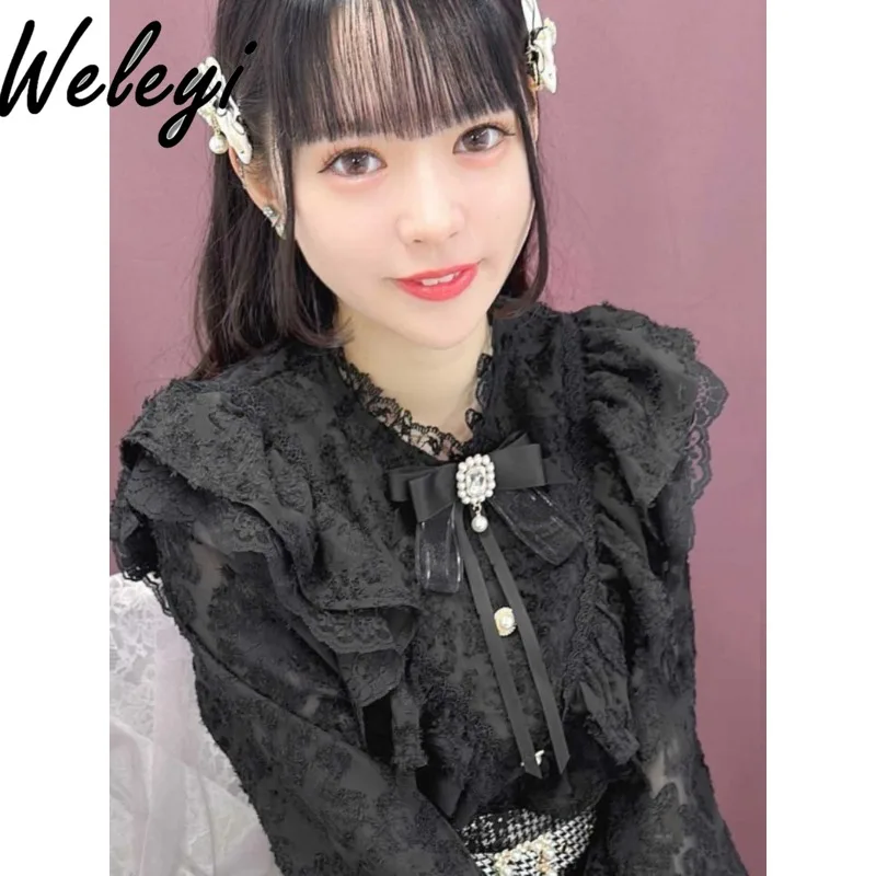 Sweet Japanese Black Lolita Poleras Tops Girly Style Fashion Spring and Summer Trendy Unique Cute V Shaped Pleated Feather Shirt