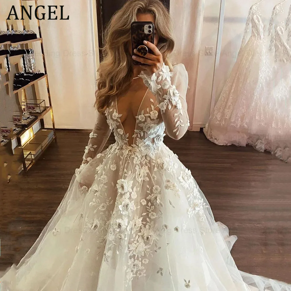 

ANGEL V-Neck A Line Wedding Dress Appliques Brides Dress Tulle Long Sleeves Wedding Gown Court Train Bridal Dress Vestidos