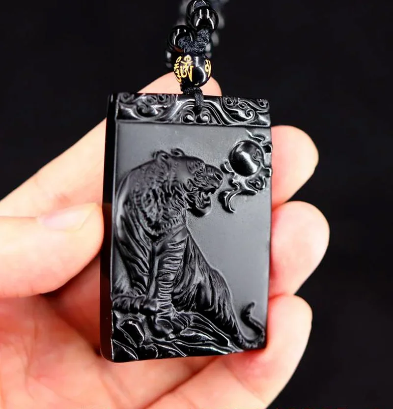 

Natural Black Obsidian Tiger Pendant Chinese zodiac Necklace Fashion Charm Jewellery Carved Pixiu Amulet Gifts for Women Men