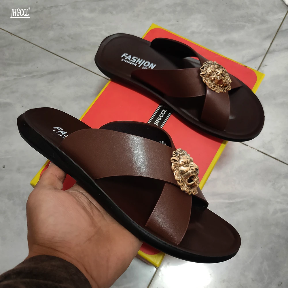 남성용 소가죽 슬리퍼 브랜드 디자이너 가죽 비치 슈즈, 여성용 플러스 사이즈 46, 47, 샌들, 새로운 스타일