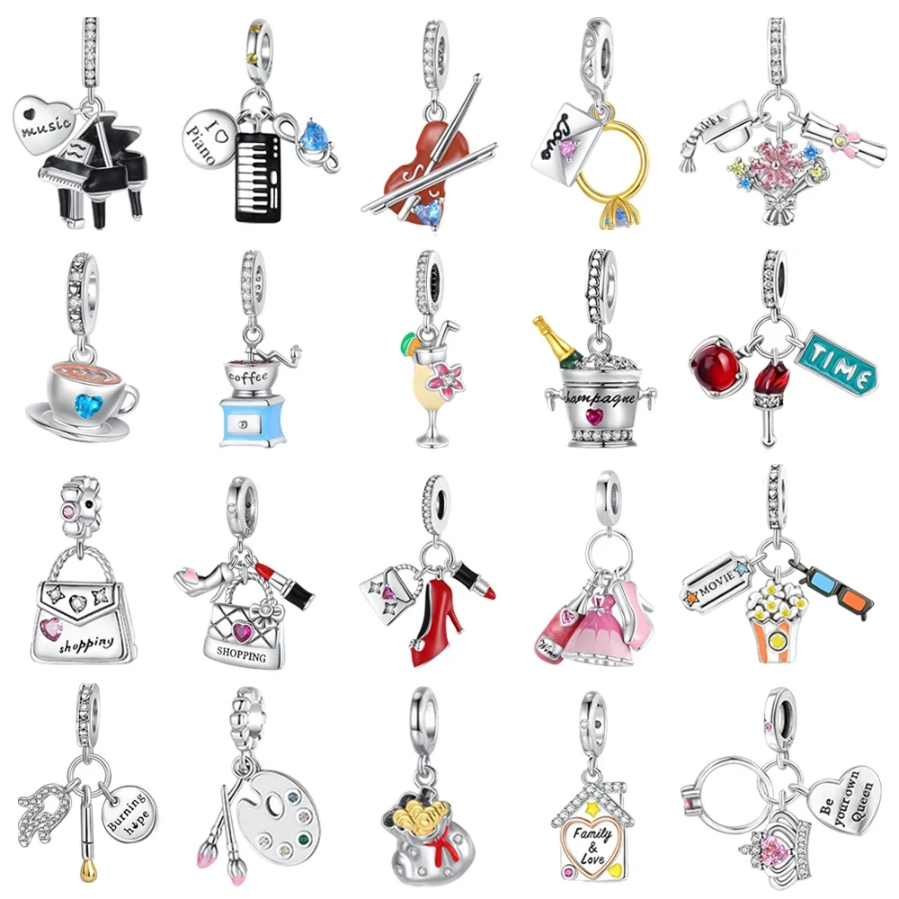 

New 925 Sterling Silver Piano Violin Coffee Cup Champagne Heels Lipstick Bag Original Charms for Pandora Bracelet DIY Jewellery