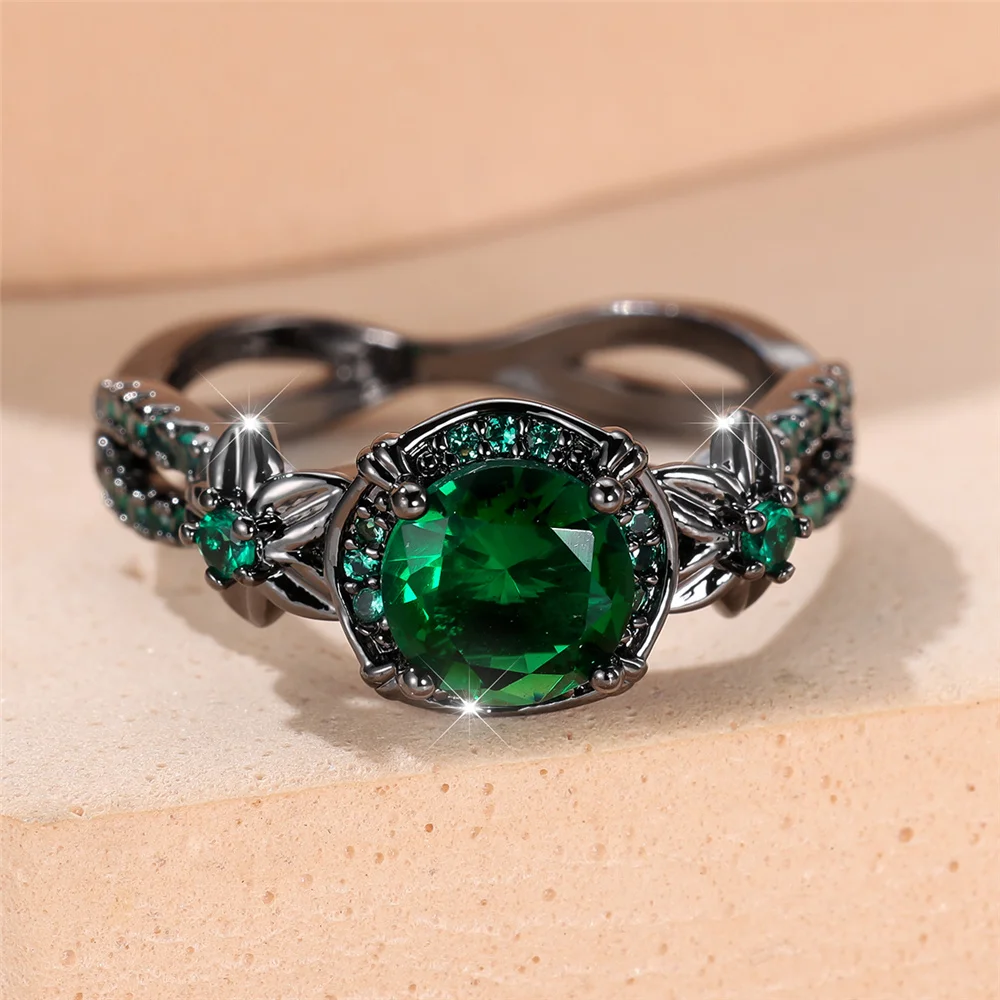 Wedding rings Trendy Green Zircon Flower Vintage Black Gold Color for Women Men Minimalist Jewelry