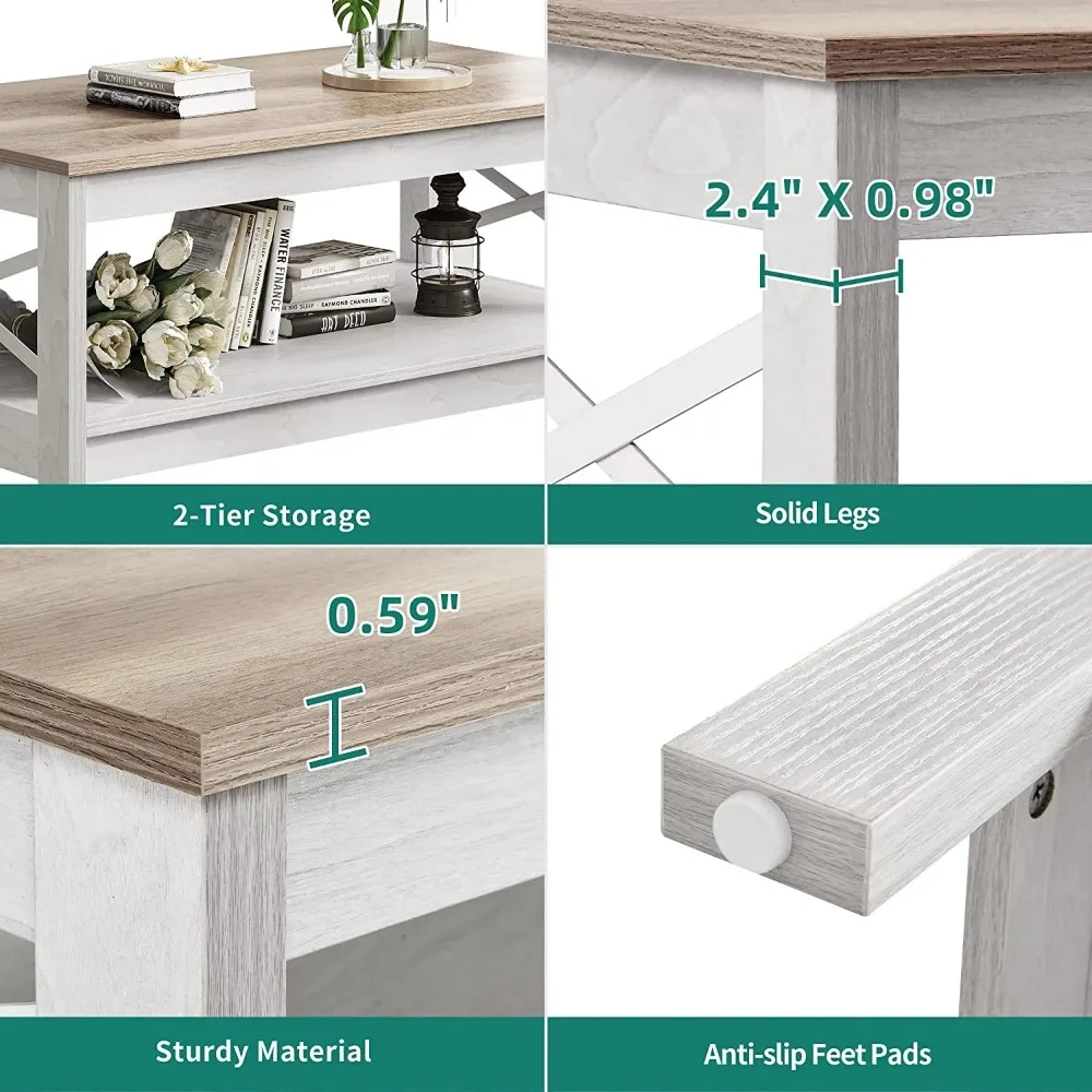 Table 2-Tier Wood Center Table with Storage Shelf for Living Room, Gray, 39.7" 5