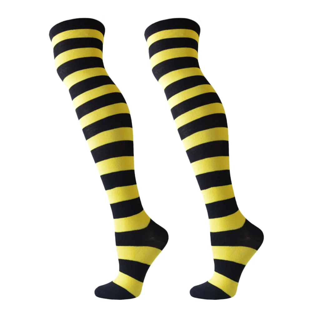 

Womens Long Striped Socks Wide Vertical Yellow and Black Striped Thigh High Stockings Over Opaque Stockings for