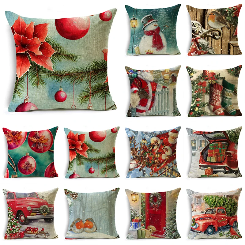 

Winter Christmas Throw Pillow Covers 40/45/50cm Robin Bird Santa Claus Red Truck Throw Pillow Case for Sofa Couch Home Decor