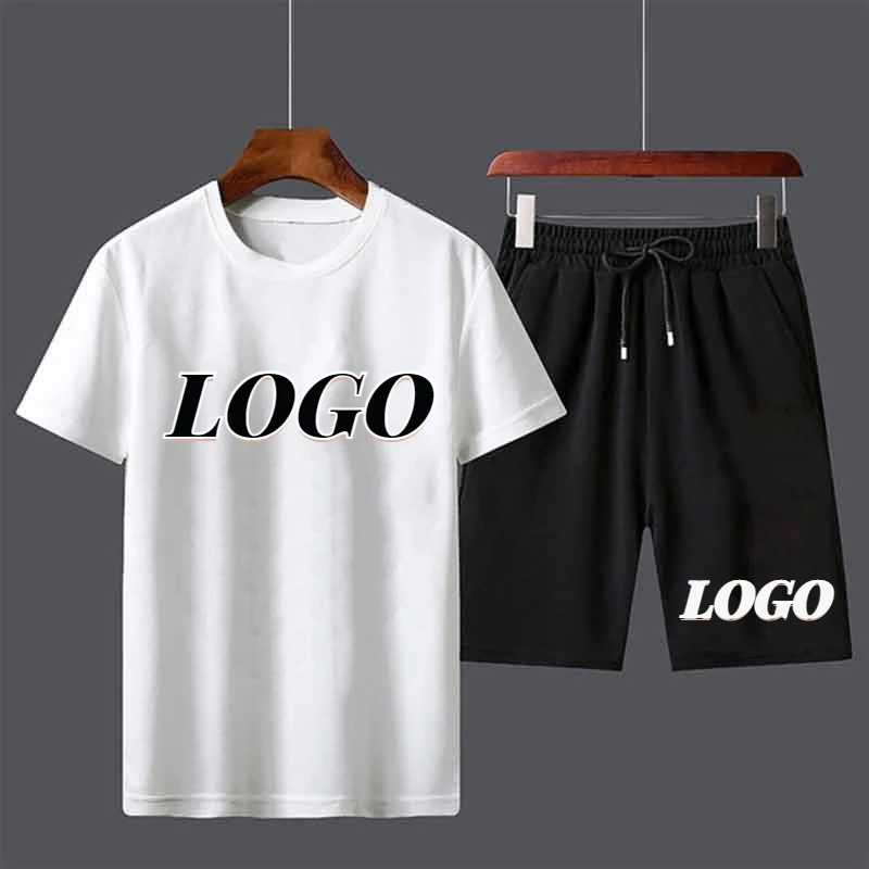 Custom LOGO Men Jogging Suit Summer 2 Piece Set Short Sleeve Casual Sport Fitness T-shirt+Board Shorts Male Tracksuits