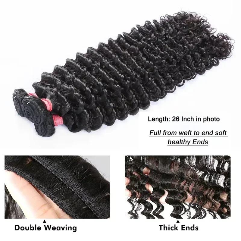 42 Inch Natural Color Deep Wave Human Hair Bundles - 250 High Density 1/3/4 Pcs Pack 100% Virgin Hair Silky Thick Full-Bodied We