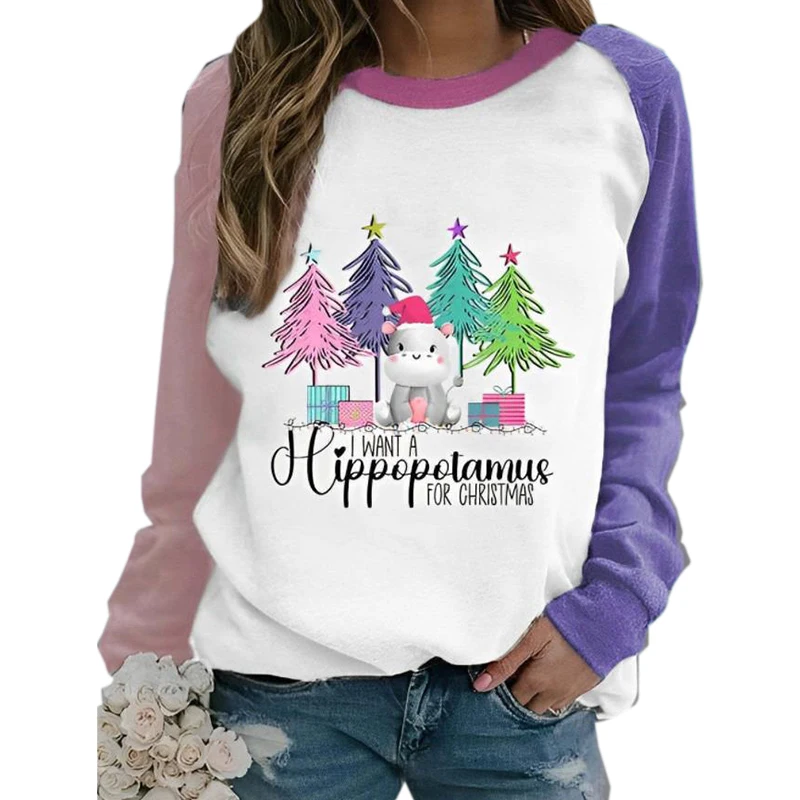 Fashion Women Sweatshirts Warm Wishes New Year Merry Tees Shirt Christmas Trees Graphic Pullovers Female Tops Camisa Print Blusa