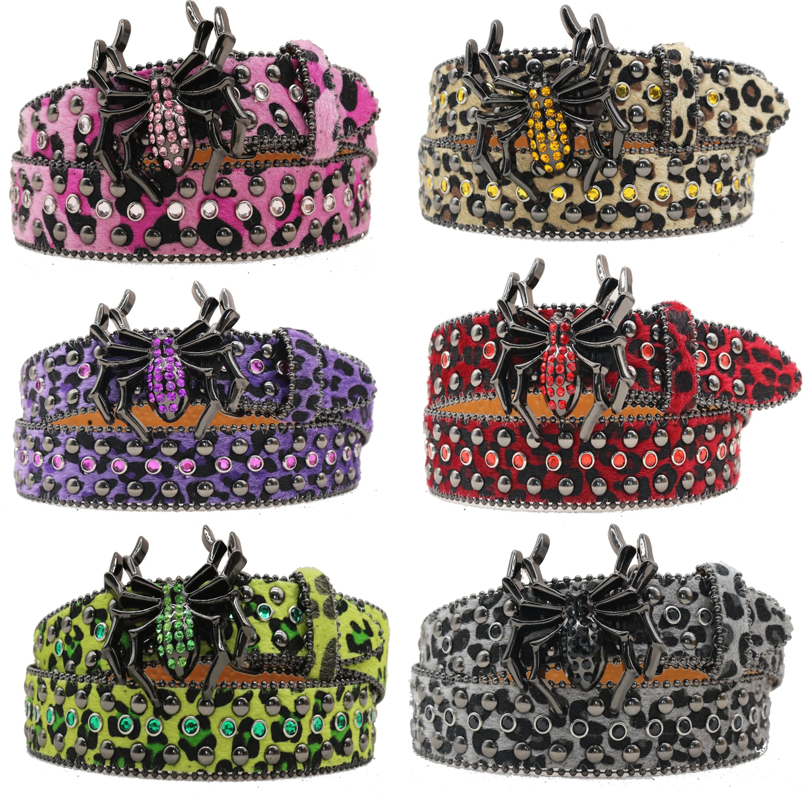 Nouvelle ceinture en strass araignée imprimé léopard, ceinture à rivets en jean de style hip-hop européen et américain Y2K, grande ceinture à boucle araignée.