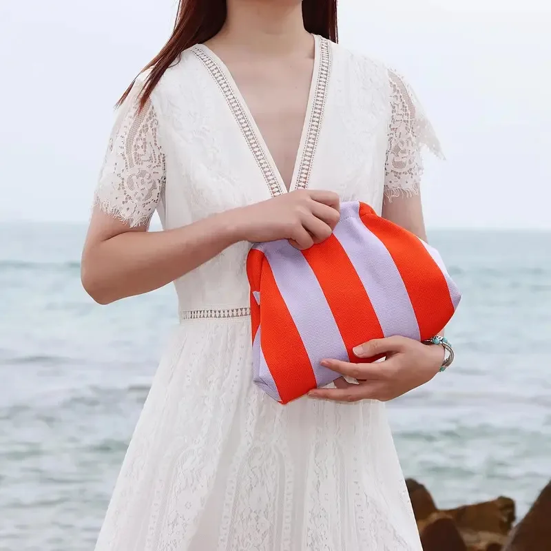 Summer Beach Clutch Bag for Women Woven Crochet Handbags Purses Knitting Dumpling Clutch Ruched Cute Cloud Casual Colorblock Bag