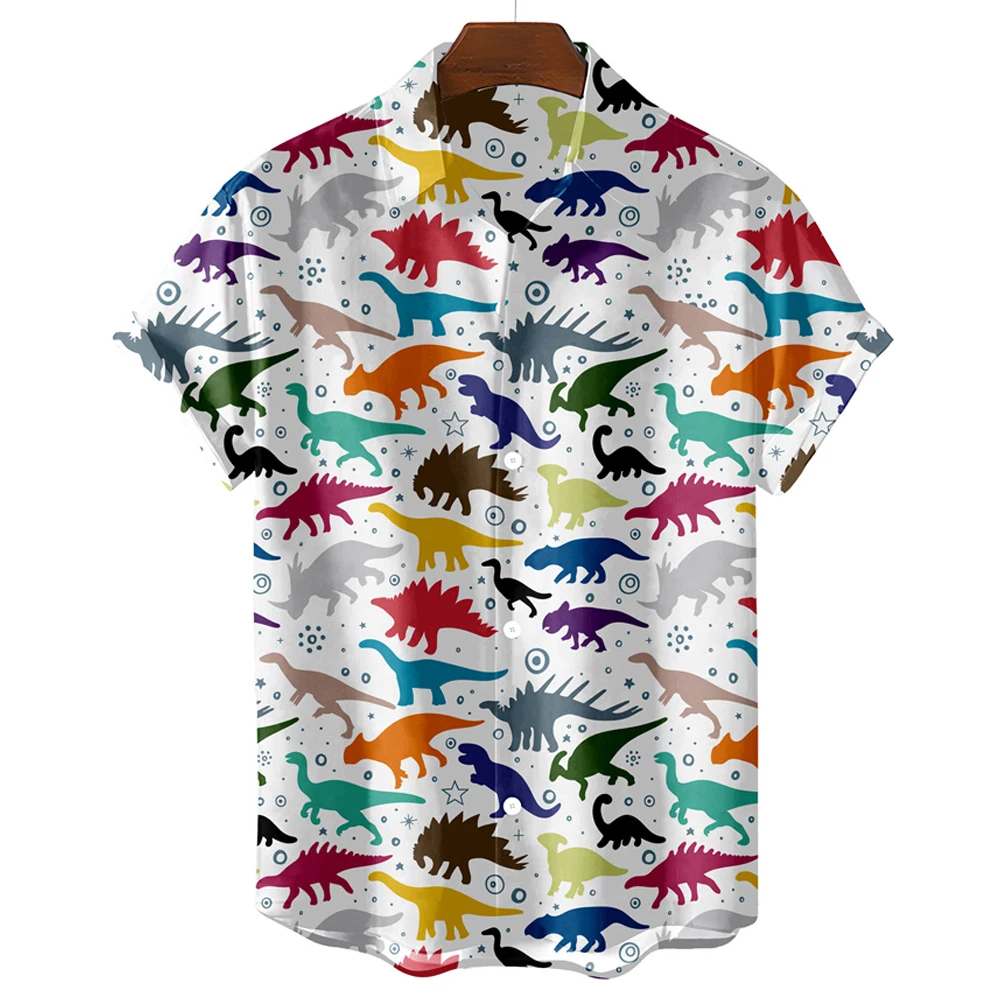 Black And White Simple Men's Shirt Cute Dinosaur Print Men's Clothing Shirt Lapel Oversized Short Sleeve T-shirt Fashion Blouse