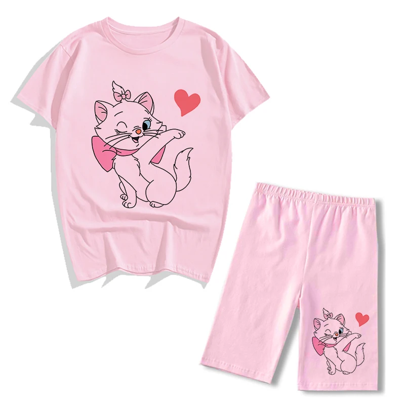 two piece sets Summer Fashion Disney Marie Cat Print Two Piece Set Women Tracksuit Casual Short Sleeve T Shirts And Biker Sports Shorts Outfits sweatpants set Women's Sets