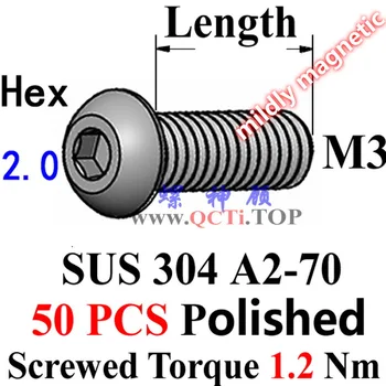50pcs Button Head M3 screw Stainless Steel M3x4 M3x5 M3x6 M3x8 M3x10 M3x18 M3x22 M3x25 M3x30 M3x35 M3x40 M3x45 M3x50 Hex Driver
