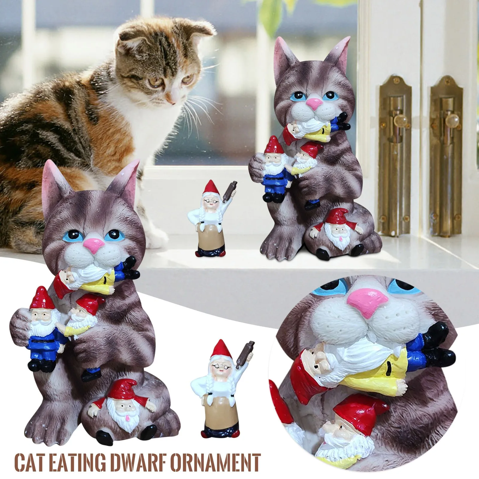 Naughty Cat Gnome Statue Gnome Massacres Ornament Resin Cat Eating Gnome Office Desktop Ornament