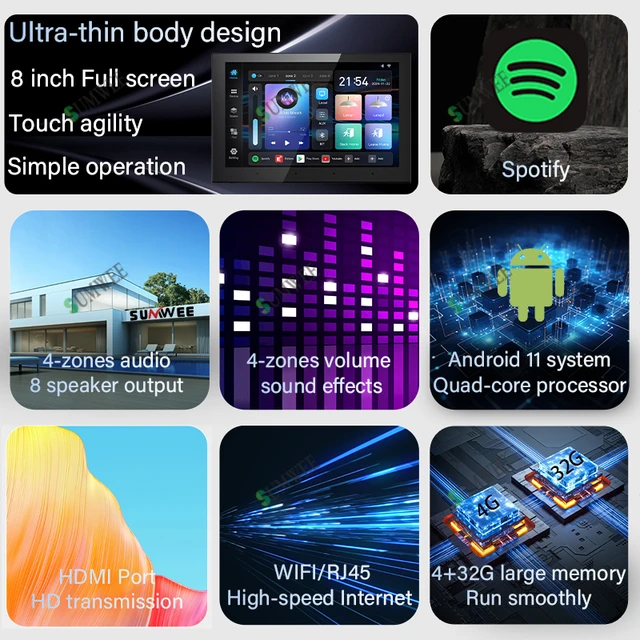Smart 4zone Audio System Home Theater Sound Amplifier Wall Android11 WIFI Bluetooth music player TUYA touth screen control panel 2