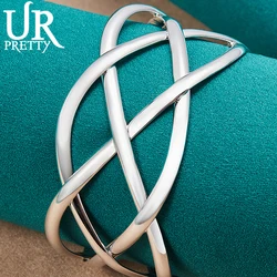URPRETTY 925 Sterling Silver Interwoven Adjustable Bangle Bracelet For Women Wedding Engagement Party Jewelry