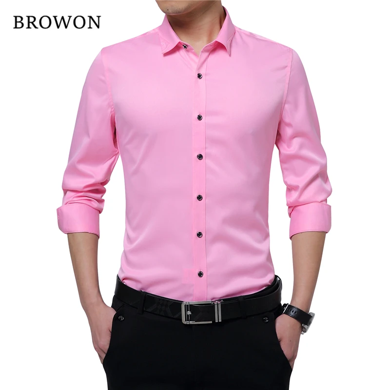 Dress Shirts Men Casual Shirts BROWON Brand Silky Formal Shirt Men Classic Business Long Sleeve Solid Color Embroidery Collar Slim Fit Shirt Brand-clothing