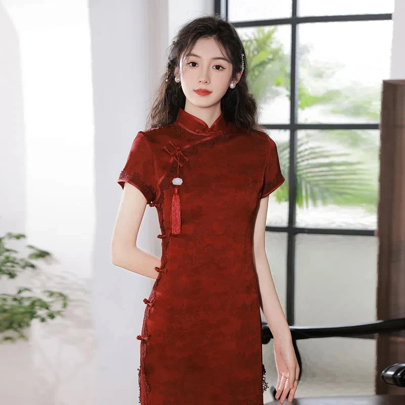 Cheongsam Dress Modern Chinese Trational Red Lace Cheongsams Qipao Vintage Oriental Wedding Party Women Dresses