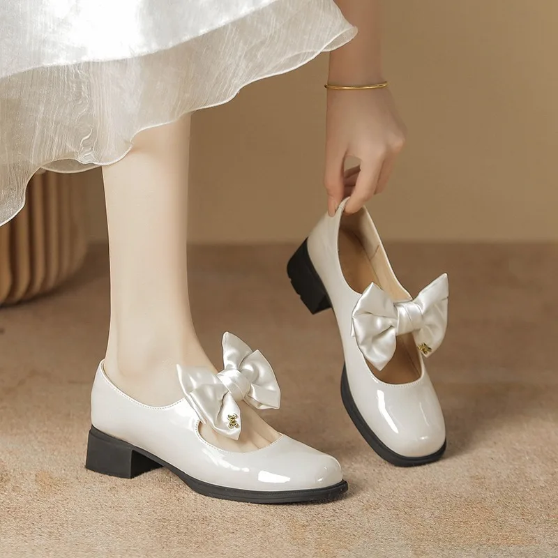 

Shallow Mouthed Single Shoes for Women Square Toe Gentle Bow Mary Jane Shoes Women Leather Shoes Women Pumps 41-162