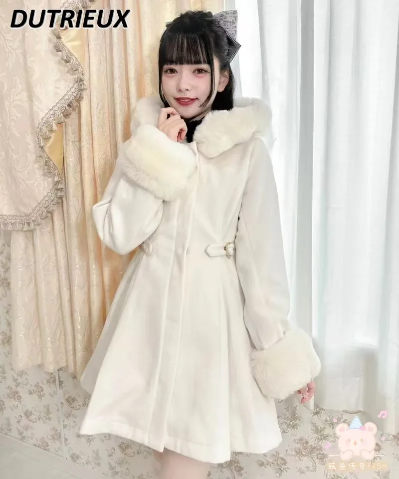 

Japanese Rojita Style Winter Big Fur Collar Hooded Woollen Coat for Women Exquisite Socialite Bow Belt Slimming Long Wool Coat