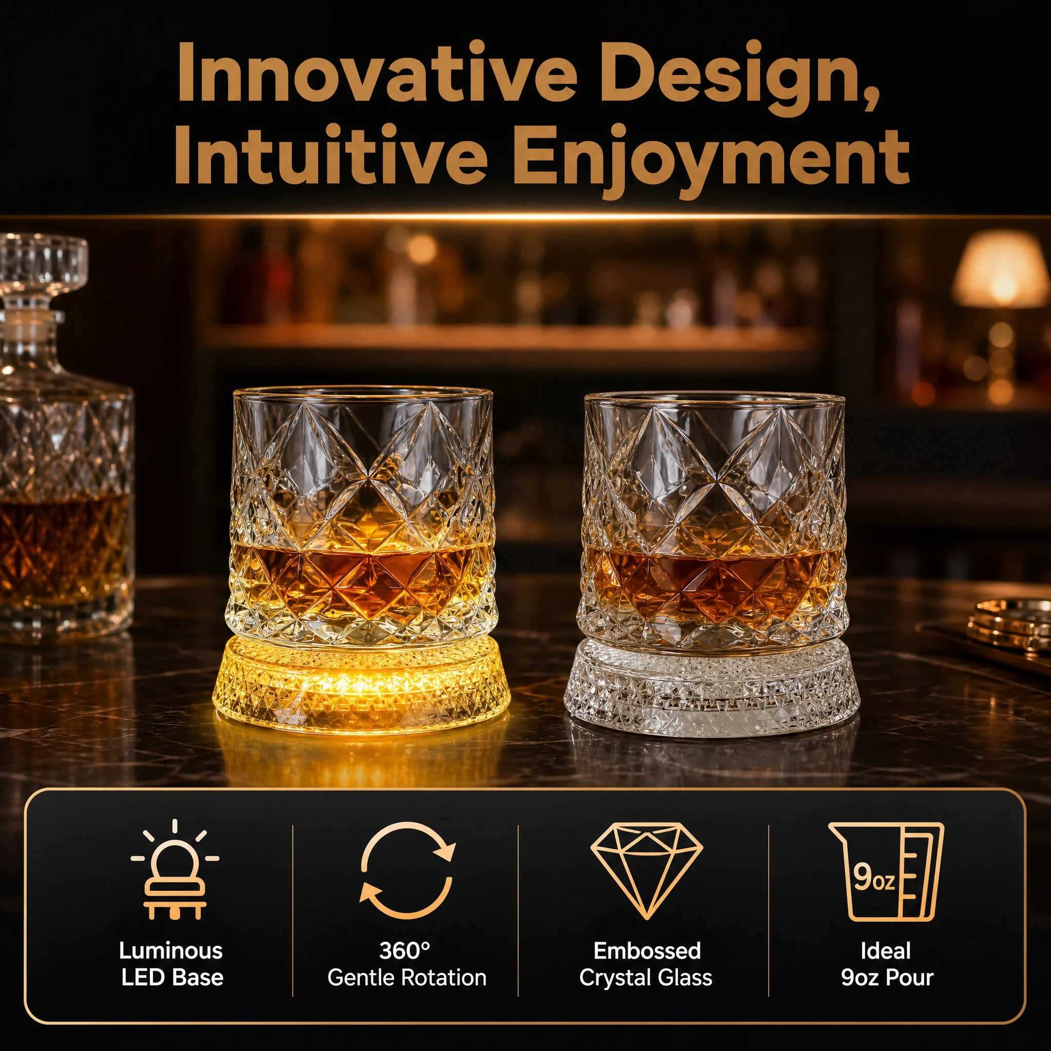 Rotating Whiskey Glass with LED Light Up Coaster,9 oz,Clear Glass 5