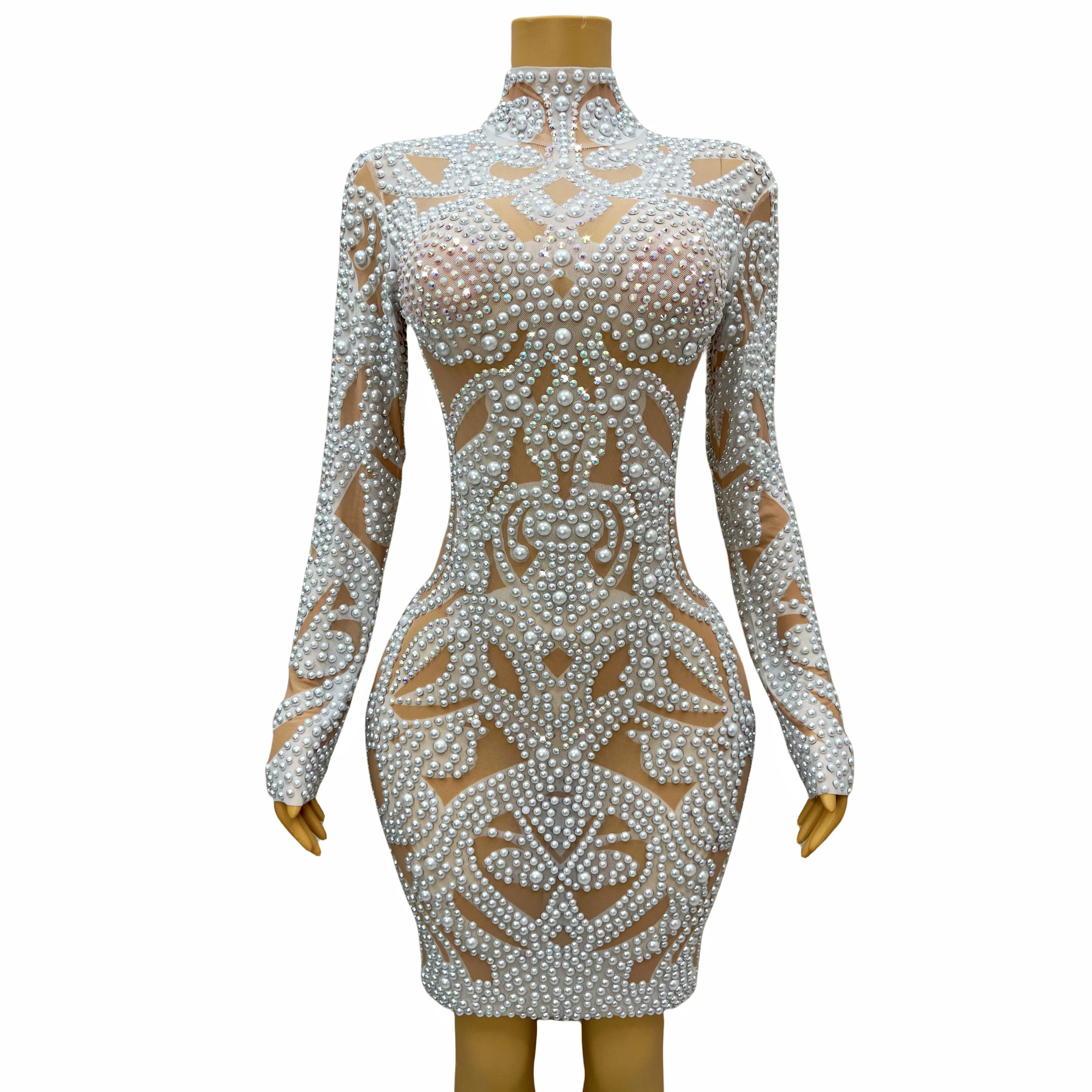 2025 New High-end Elegant Evening Gown AB Rhinestones Pearls Luxury Long Sleeves Mesh Dress Women Cocktail party Costume