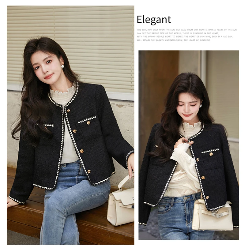 Vintage Cropped Tweed Jacket Women Black Quilted Coat Elegant Blazer Winter Ladies Single Breasted Thicken Outerwear Tops