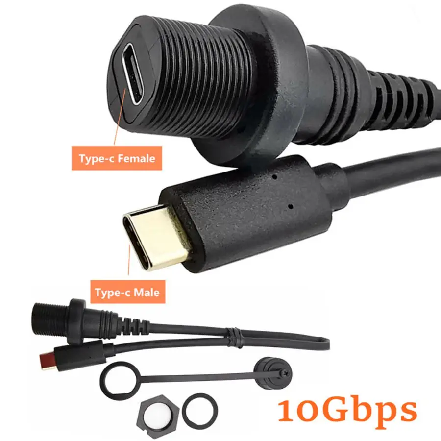 Impermeável Macho para Fêmea Painel Flush Panel Mount Cabo de Extensão Usb tipo c 3.1 Ip67 Apto para Carro Caminhão Barco Motocicleta 2.0