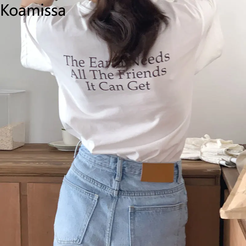 

Koamissa Letters Print Women Casual Loose Tshirt Short Sleeves O Neck Lady Fashion All Match T-shirts 2022 New Outwear Tees Tops