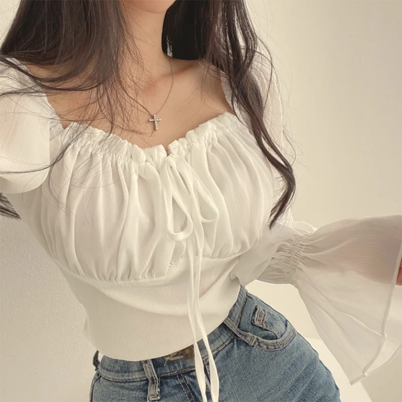 Blusas Y2K para mujer, de color liso, con cordón, lazo y volantes, de manga larga, fruncidas, tops cortos, ropa elegante de calle