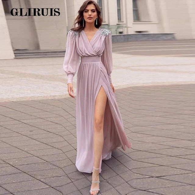 Vestidos de Noche de manga larga de gasa cuentas, vestido de fiesta de línea a con abertura lateral, cuello V, plisado, largo hasta el suelo, elegante _ - AliExpress