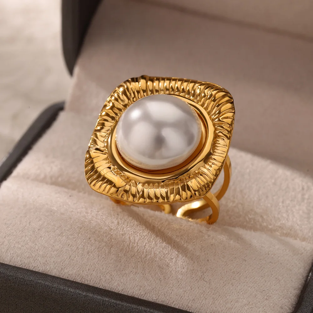 Pearl Jewelry Imitation Gold Color Geometric Rings Womens Engagement Gift