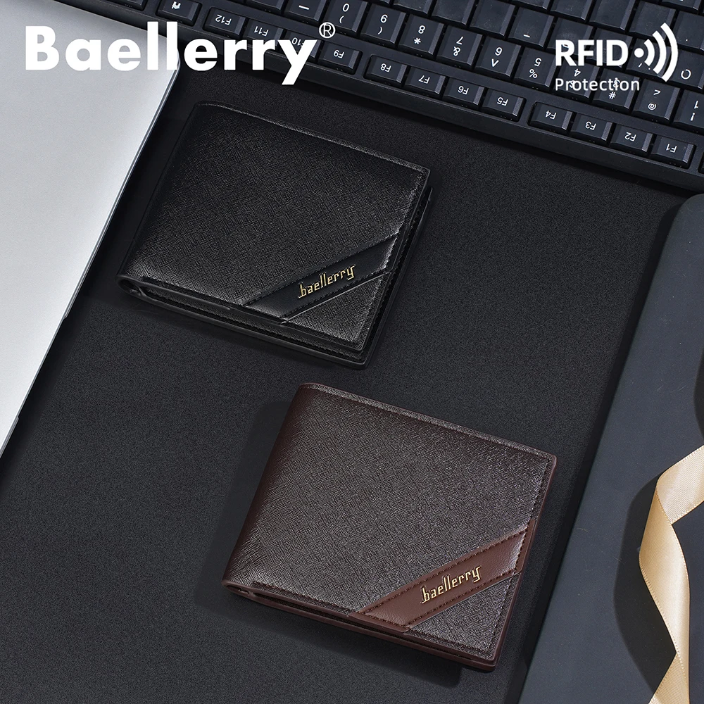 Baellerry Men's RFID Blocking Wallet Short Bifold, Premium Anti-Skimming Leather Card Holder with Zippered Coin Pocket, Secure M