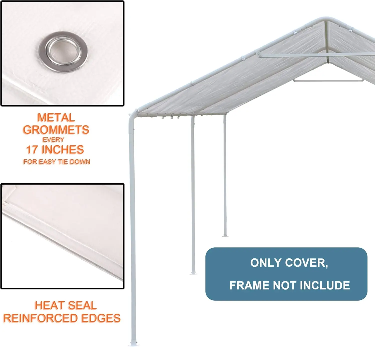 10x20ft White Carport Canopy Cover with Free Bungee Cords-Garage Shelter Tarp (Frame Not Included)