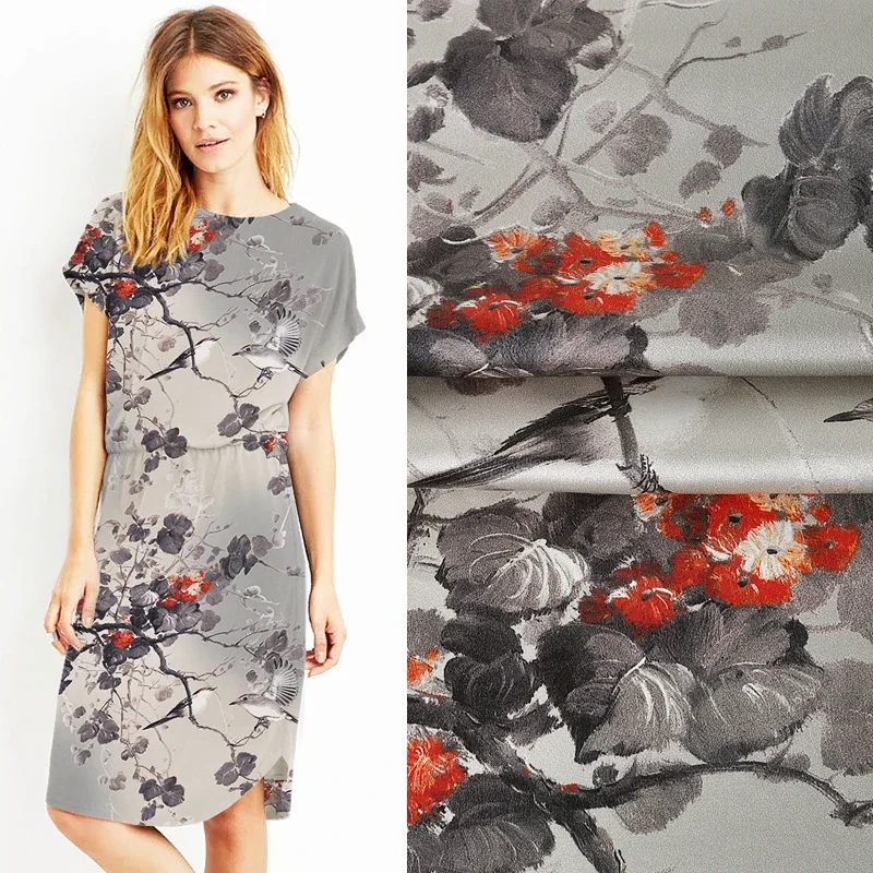 

118 см ширина 19 мм серый цветочный и птичный принт стрейч шелковая атласная ткань хорошо подходит для летнего платья юбки рубашки брюки JH140