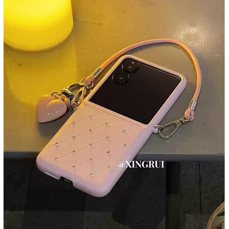 For Samsung Galaxy Z Flip 6 Case Pink Leather Rhinestone Cover Motorola Razr 50 Ultra/Honor Magic V Flip/Xiaomi Mix Flip Fundas